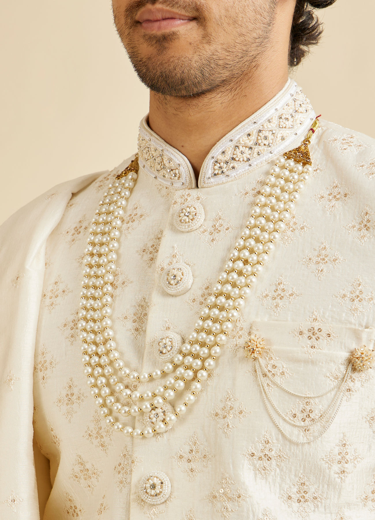 Manyavar Warm White Floral Self Patterned Sherwani Set